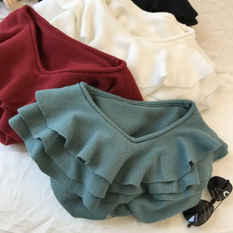 ALPHALMODA осень зима модный свитер с оборками и v-образным вырезом с длинным рукавом Женский Повседневный однотонный вязаный джемпер зимний топ