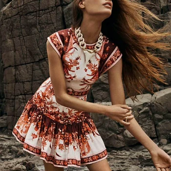 

SEQINYY Bohemian Mini Dress 2020 Summer Spring New Fashion Design Women Short Sleeve Red Vintage Flowers Print Runway Dress Belt