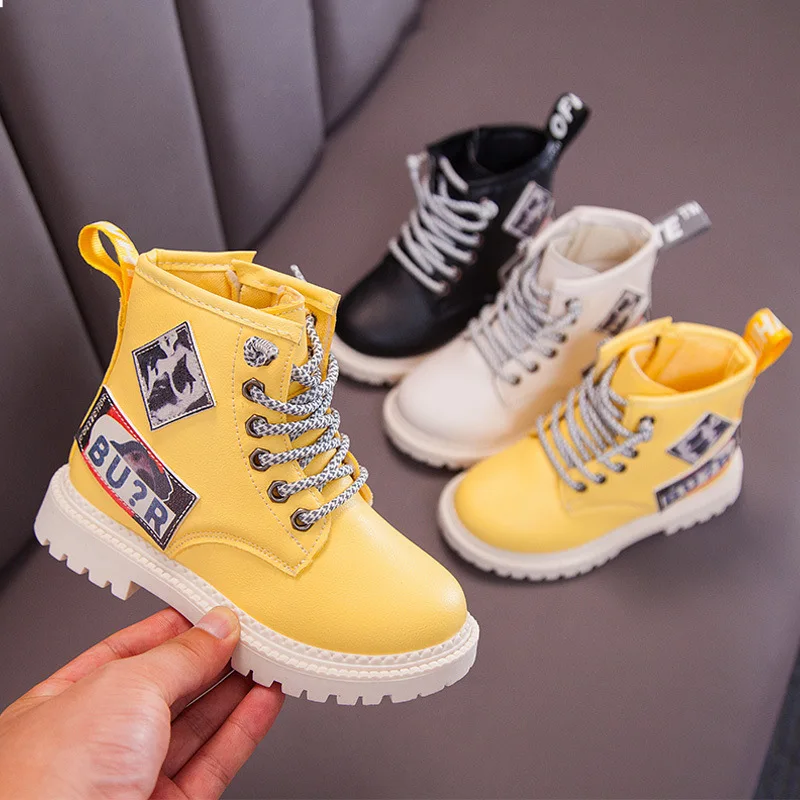 

19 autumn new boys solid color leather Martin boots girls side zipper wedges with wild fashion single boots
