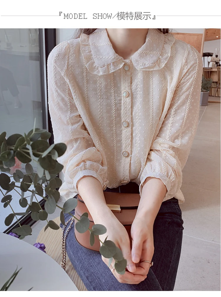 2021 Autumn Sweet Chiffon Blouse Women Peter Pan Collar Female Shirt Long Sleeve korean style Women Shirts Tops  Blusas 10351 white blouse for women