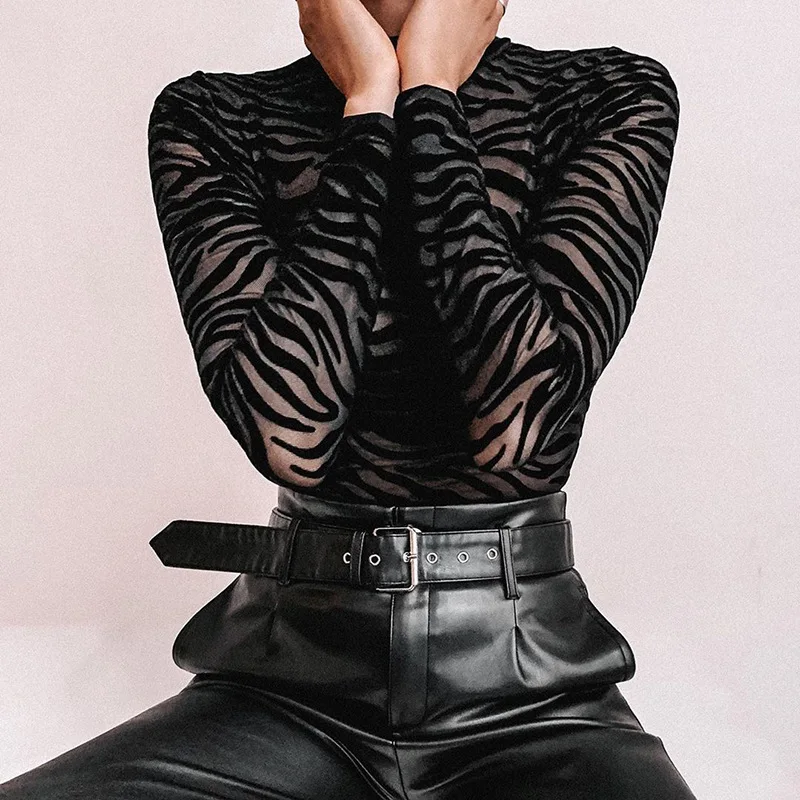 Black Mesh Transparent Sexy Bodysuit Long Sleeve Slim Skinny Stripe Mock Neck Casual Rompers Women Lady Party Club Body 6