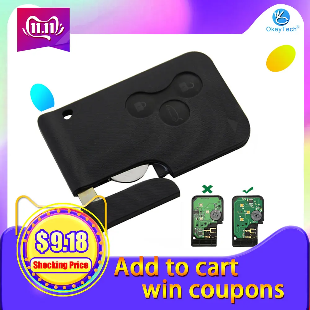 Günstige OkeyTech 3 Taste 433Mhz ID46 PCF7947 Chip mit Notfall Insert Klinge Smart Remote Key Für Renault Megane Scenic 2003 2008 karte