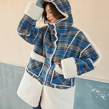 

TVVOVVIN 2020 Lamb Plush Lining Ladies Plaid Jacket Autumn And Winter New Korean Women's Long Loose Loose Coat PC256