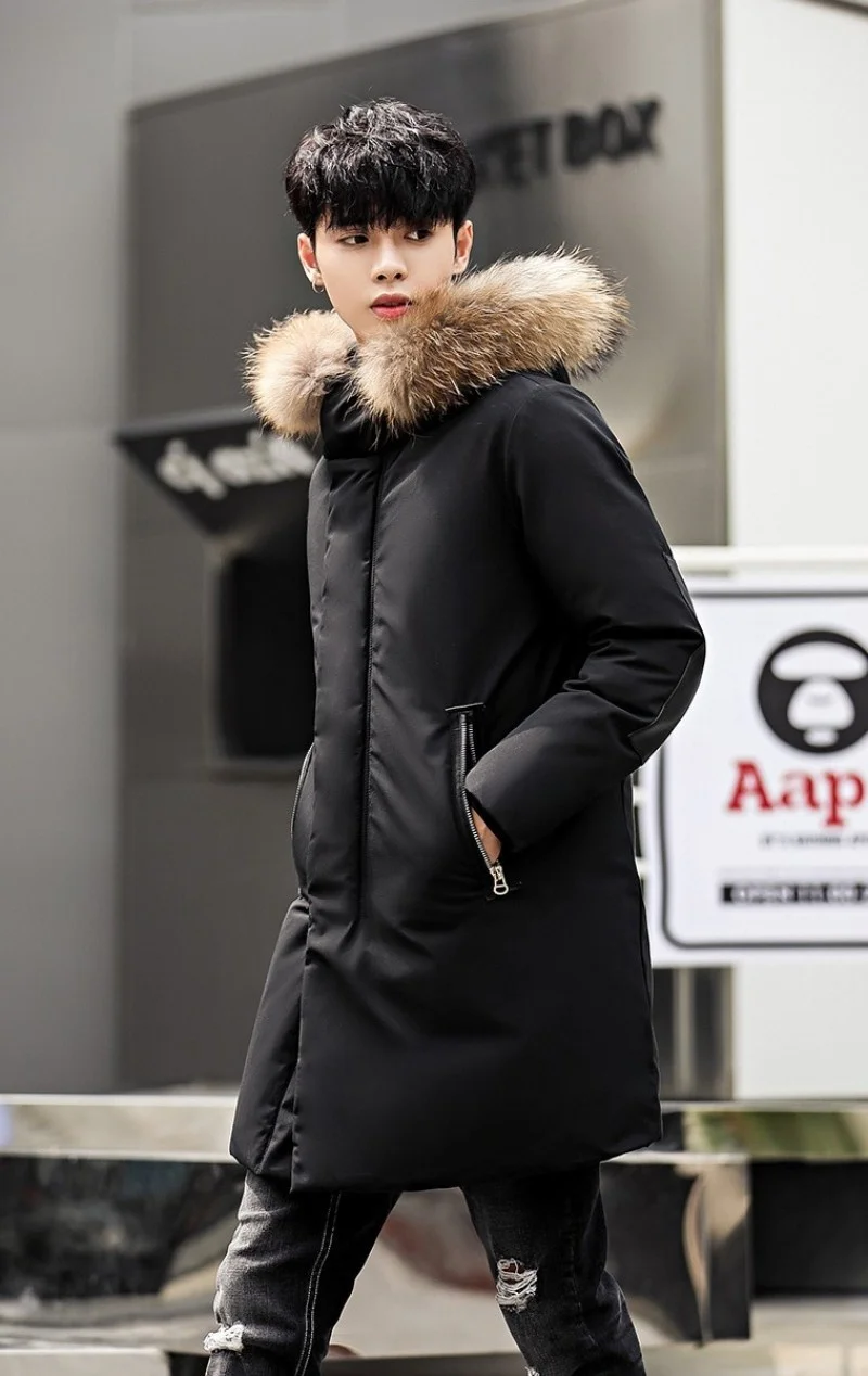 New Brand Winter Fashion Warm Mens Medium Length Down Coats Korean Thick Long Sleeve Patch Slim Big Fur Collar Male Hooded Coats black puffer coat