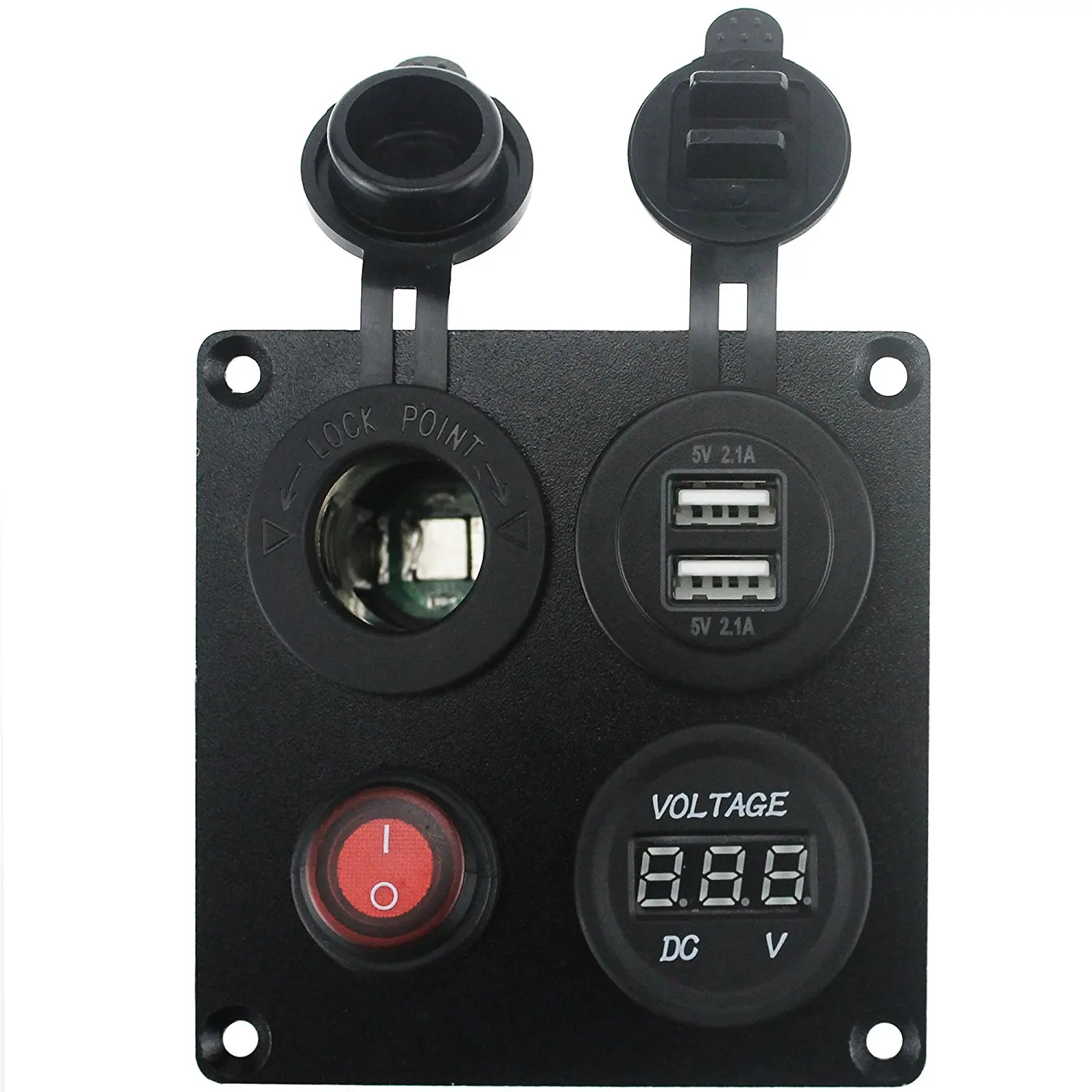 DIY 12-24V Voltmeter Cigarette Lighter 4.2A Dual USB Charger Switch 4 Hole Aluminum Panel Plate for Truck Boat Marine Trailer