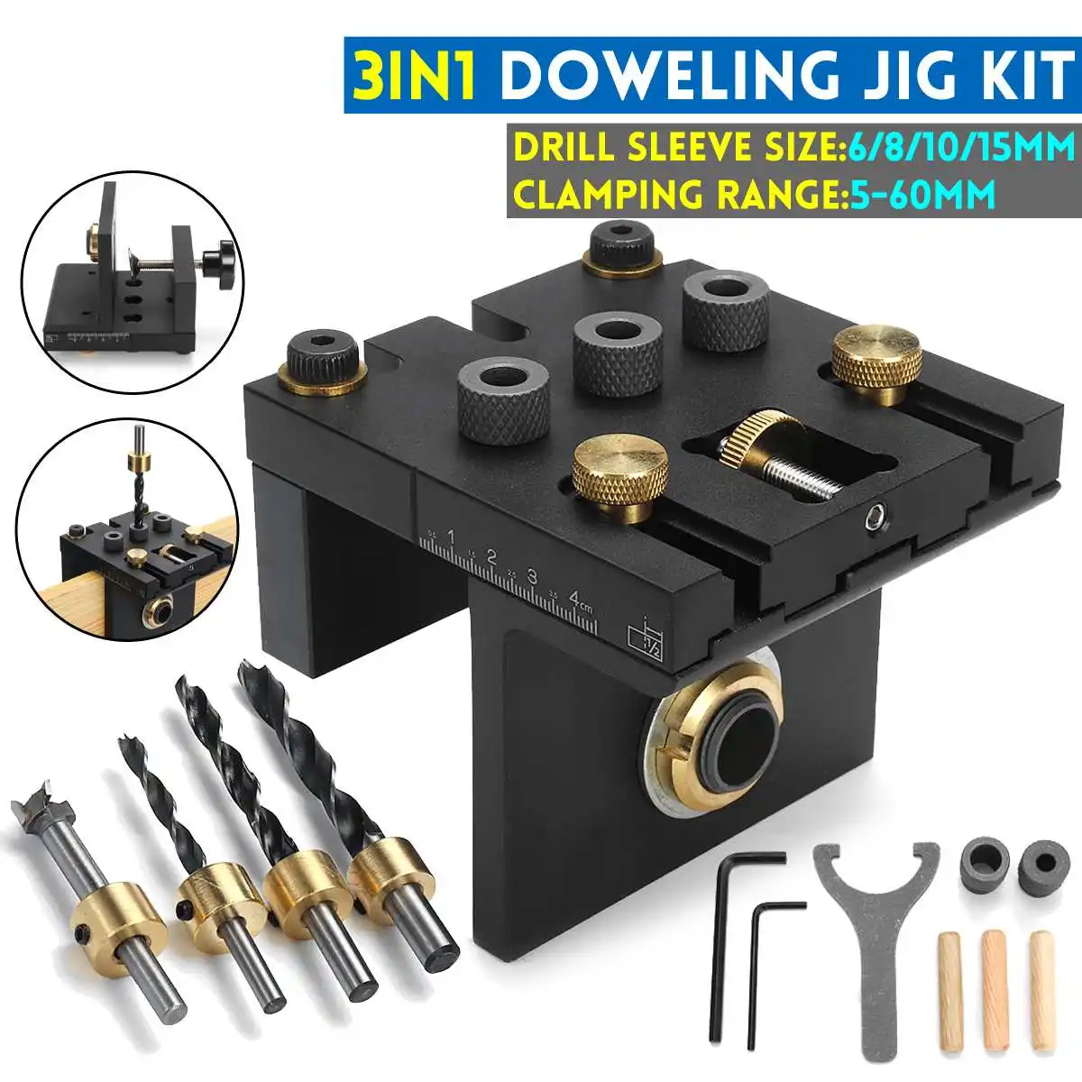 3 in 1 Wood Doweling Jig Pocket Hole Drilling Locator Jig ]With 6/8/10/15mm Drill bit Vertical Drill Guide Hole Puncher Tools