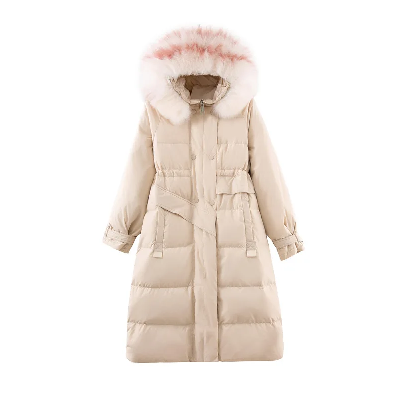 TopFurMall) зимние женские толстые парки пуховые пальто куртки с капюшоном из лисьего меха женская теплая верхняя одежда пальто LF9192 - Color: beige