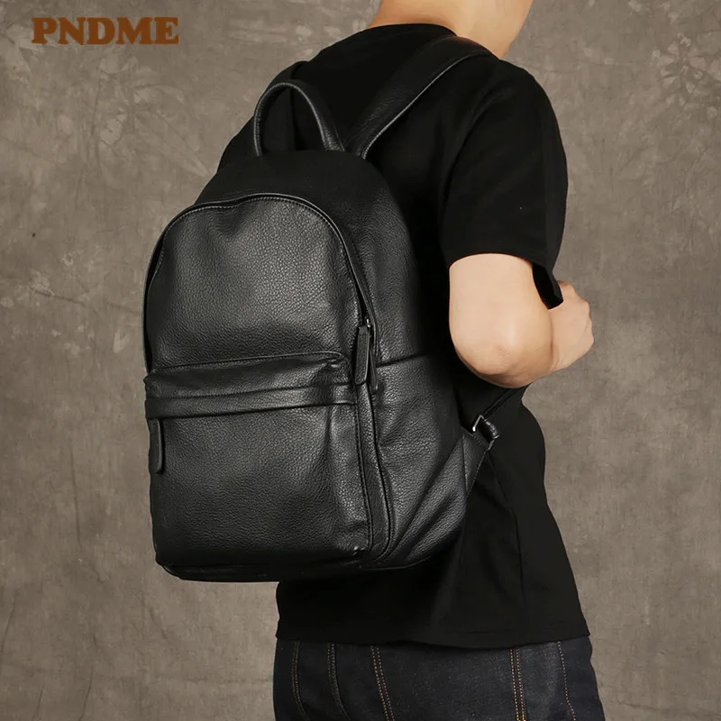 

PNDME fashion casual genuine leather men's women's backpack business travel laptop bagpack soft cowhide luxury teens schoolbag