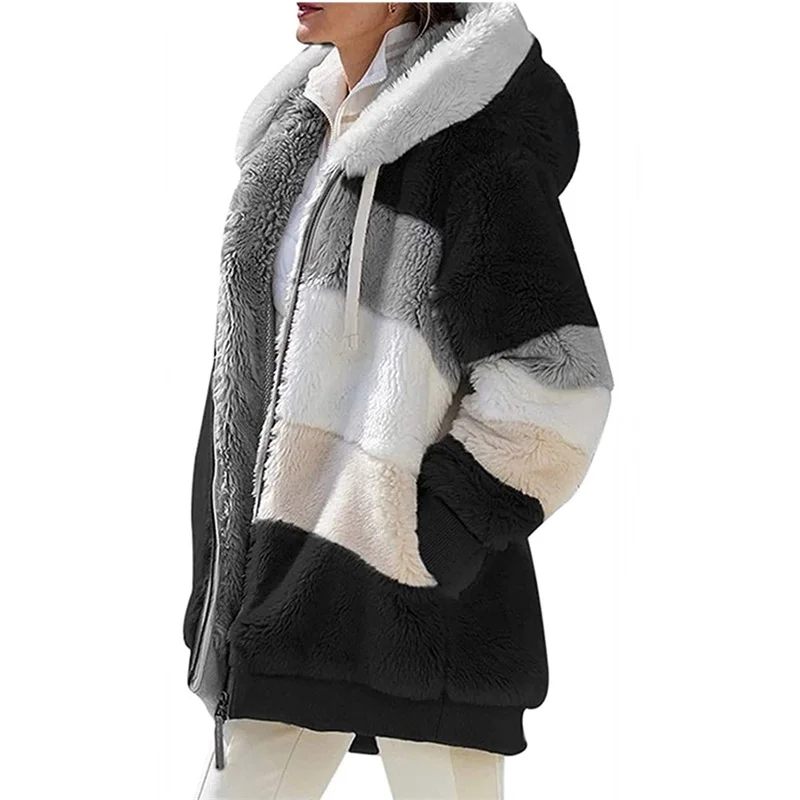 Women Warm Hooded Jacket Winter Zipper Casual Faux Fur Patchwork Parka Fleece Drawstring Ladies Coat 