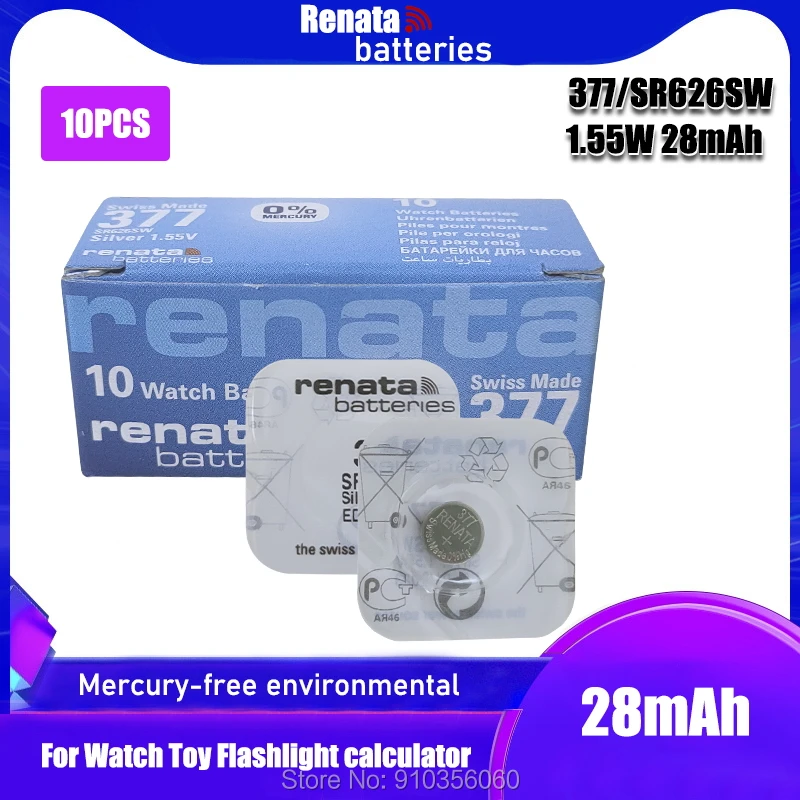 10 Uds marca minorista nueva Renata de larga duración 377 SR626SW SR626 V377 AG4 pilas botón para reloj pila de moneda hecho en Suiza 100% Original