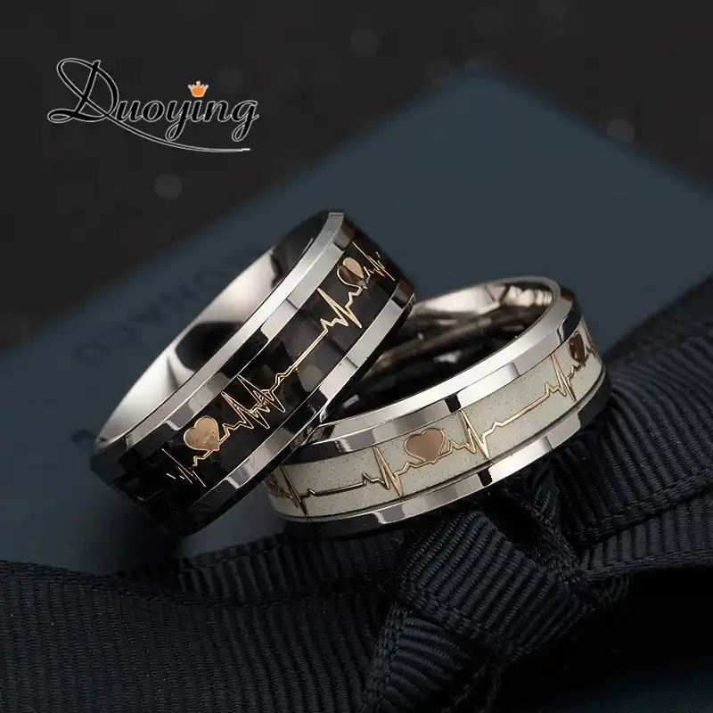 Duoying Heart Beat Engraved Ring Luminous Rings Glowing Rings Men