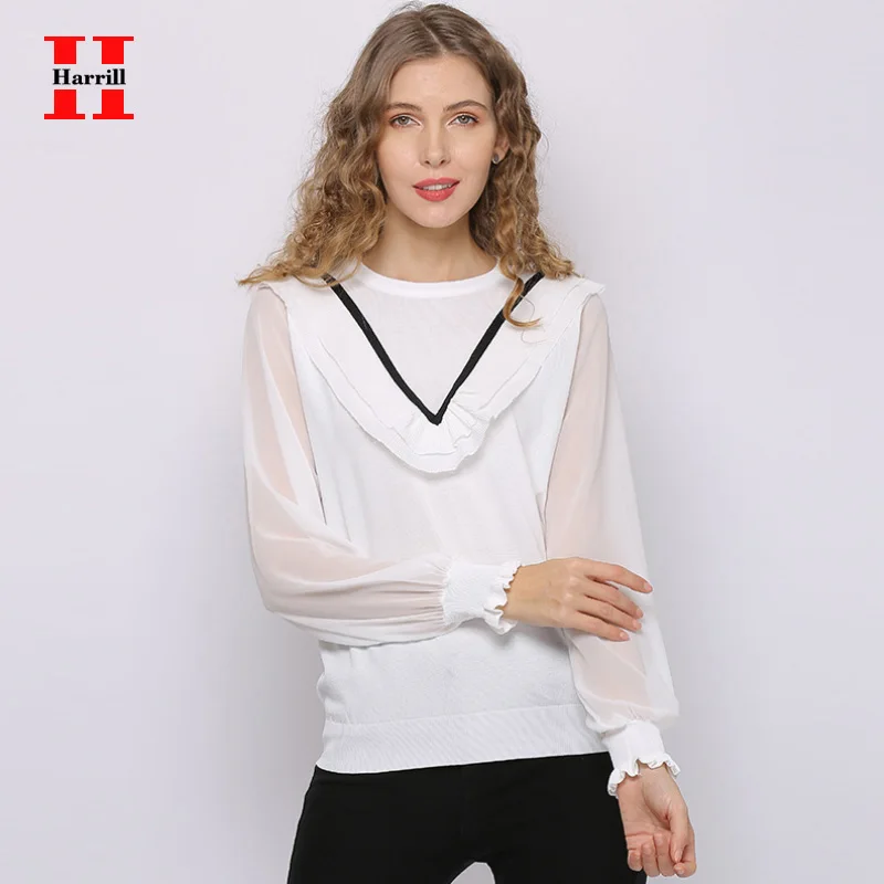 

Harrill Chiffon Blouse Office Lady Tops Casual Chiffon Long Sleeve Blouses Women Harajuku Ruffle Design V Striped Simple Tops