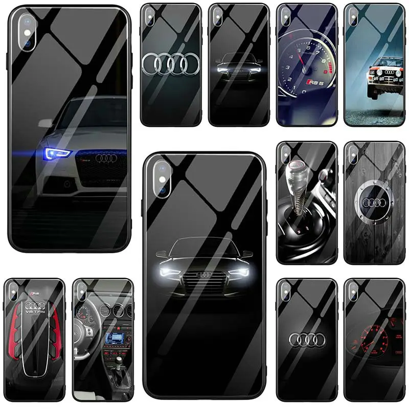 

Hot Audi Super Car Logo Coque Cover Tempered Glass Phone Cases for iPhone 5 5S SE X XR XS Max 8 7 6S 6 Plus Cases Shell