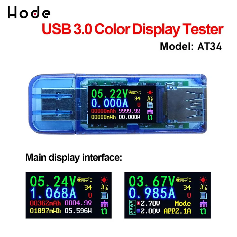 AT34 USB3.0 ips HD цветной экран USB тестер Напряжение Ток емкость энергии эквивалентное сопротивление тестер температуры