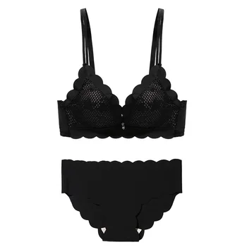 

HONVIEYGrey Mesh Lace Bra And Panty Set Women V-Neck Sexy Push Up Bra Lace Intimates Lingerie Set