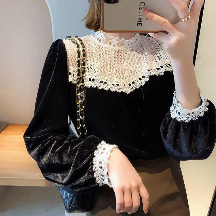 

Blouse Women Women's Patchwork Lace Long Sleeve Pleuche Top 2024 Autumn Loose Blusas Ropa De Mujer