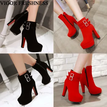 

VIGOR FRESHNESS Women Boots 12CM Heels Platform Shoes Wedding Winter Shoes 34-50 Dress Autumn Woman Boots Party Shoes MY463