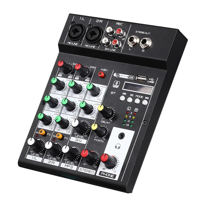 Mic 2U Portable 4 Channel Table Mixer MP3 playback BT console audio mixer Built-in reverb effect 3-band EQ DC 5V power supply