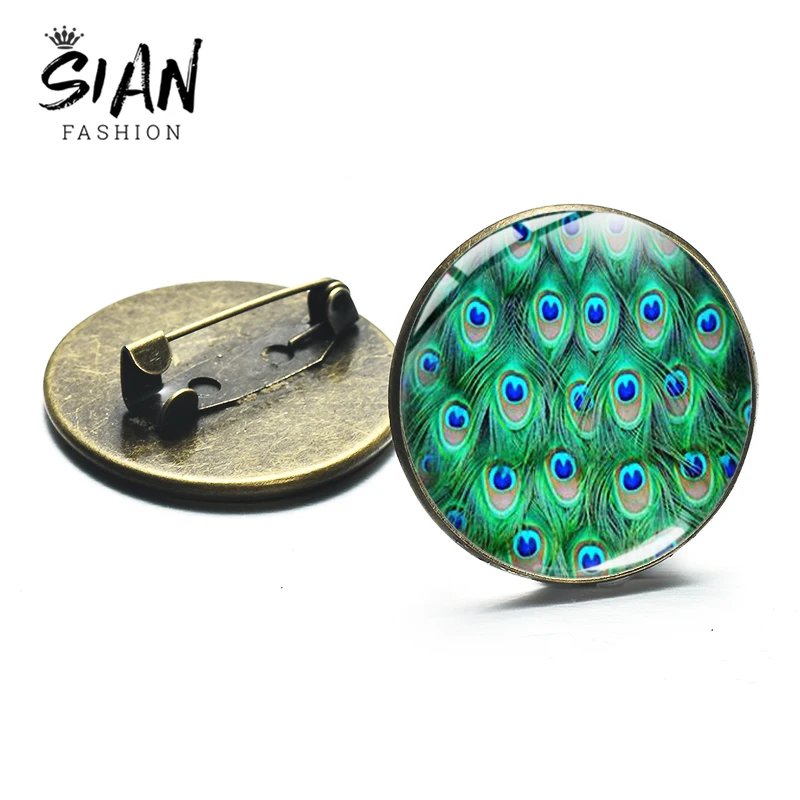 SIAN Newest Peacock Feathers Brooch Beautiful Green Feather Glass Gem Charm Bronze Silver Color Clothes Pins Metal Ethnic Style | Украшения
