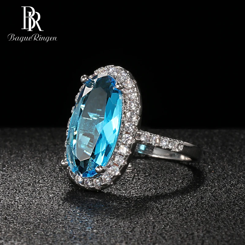 Bague Ringen, классическое серебро 925, ювелирное изделие, овальное кольцо с камнями для женщин, большой аквамарин, AAA циркон, Женское Обручальное кольцо, подарок