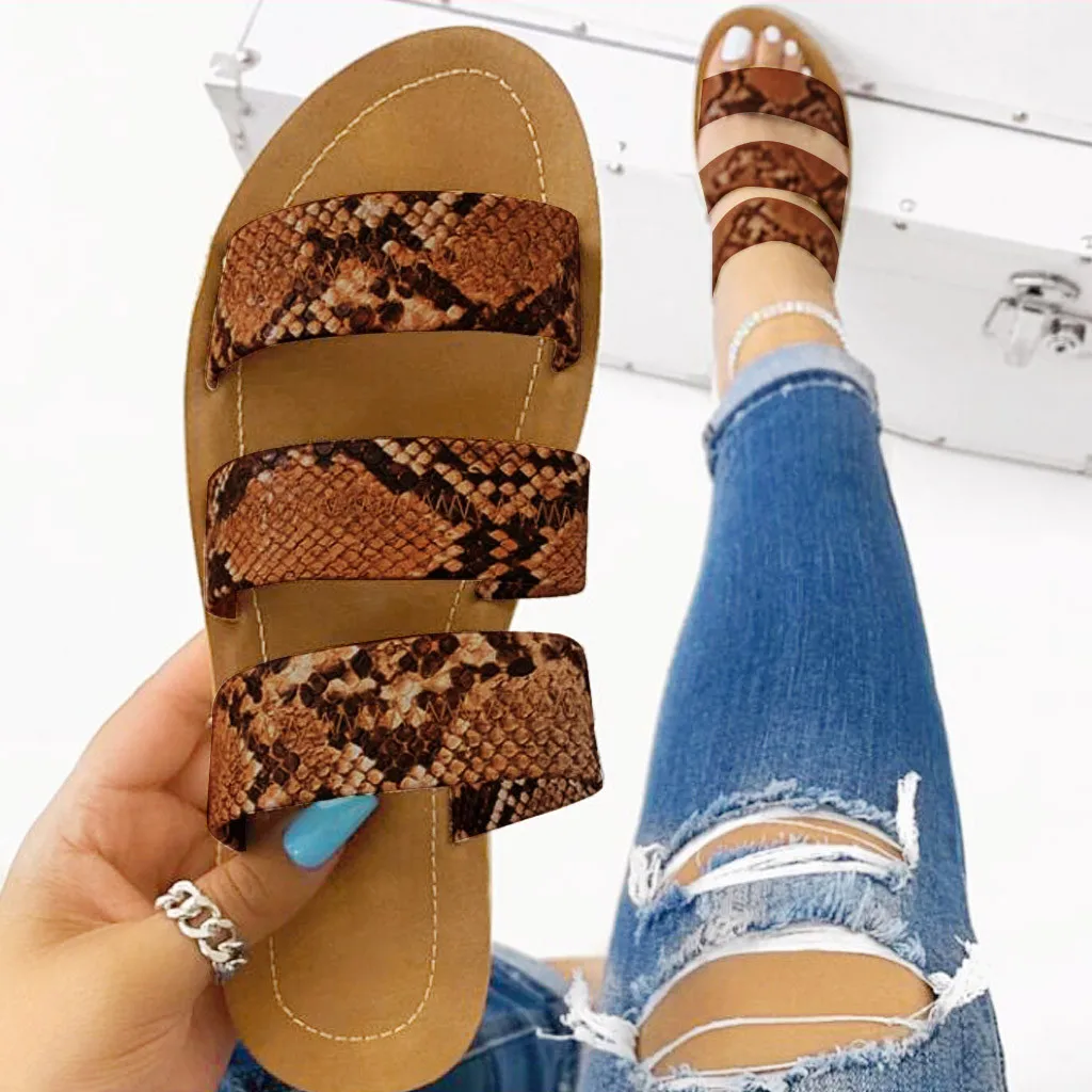 Women Slippers Ladies Roman Snake Pattern Beach Sandals Large Size Flat Slippers