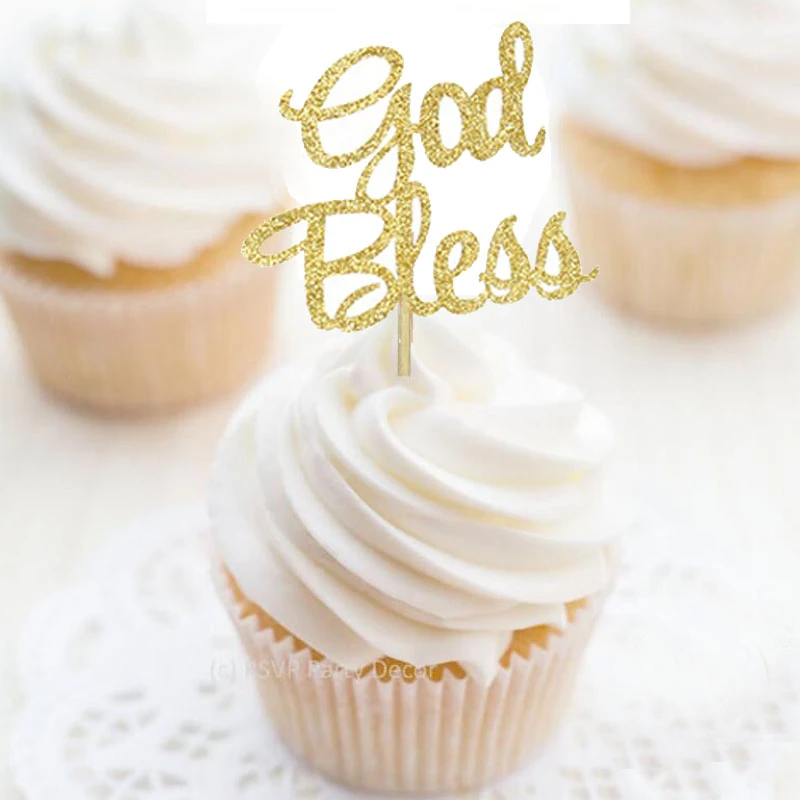 Christian Religious Party Decoration Gold Glitter Baptism Cake Picks