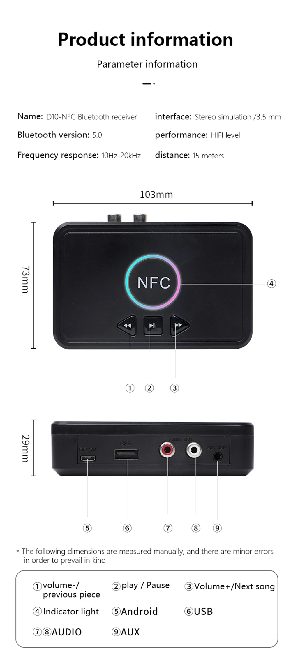 Nfc bluetooth-compatível 5.0 receptor a2dp aux 3.5mm