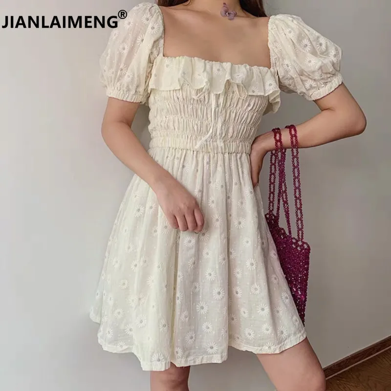 Dress Square Puffed-Sleeves Waist Ruffles Girls Slim Sexy Princess Women Floral Summer