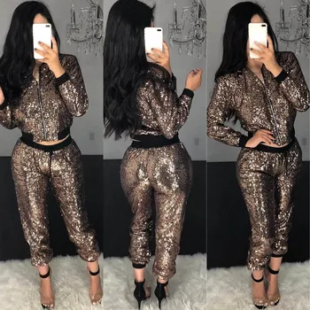 

Fashion Women Casual Sequins Long Sleeve T-Shirt Long Pants Frenulum Sports Set Dropshipping fashion size Leisure USA EU free s