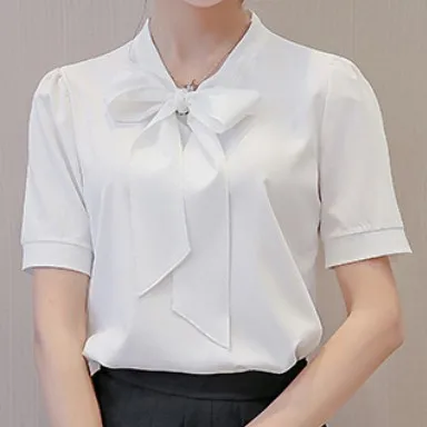 

Short-sleeved Shirt Women's Chiffon Slim Fit Korean-Style Tops Spring And Summer New Style White Shirt-Style Bow Versatile Base