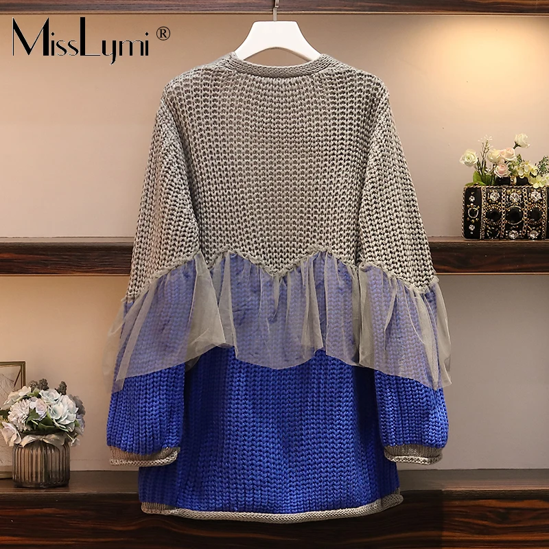 L-XXXL размера плюс, кимоно, кардиган, Для женщин зима ; модная одежда с длинными рукавами в стиле пэчворк с сеткой с оборками Свободные Теплый свитер со Размеры d