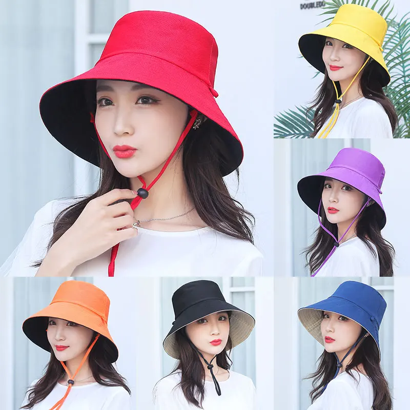 

Women Cotton Summer Sun Hats Wide Brim Foldable Fashion Beach Hat Adjustable Lace-up UV Sun protection Female Cap New