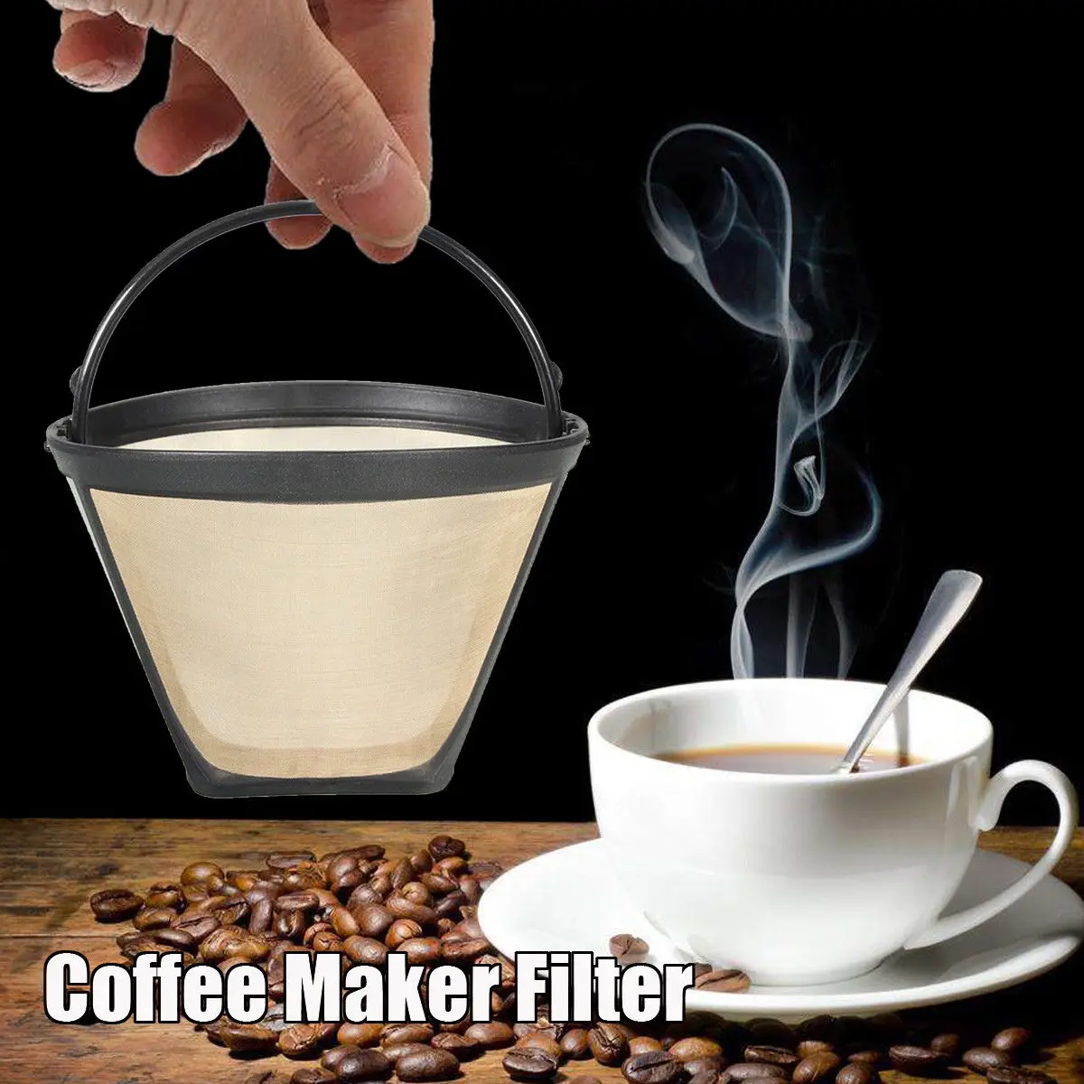1pcs Reusable High Quality Convenient Coffee Filter Permanent Cone-Style Gold Mesh With Handle Cafe Tool