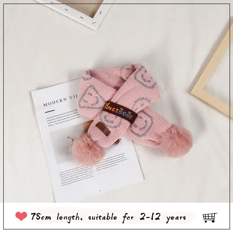 pink gray Детский зимний шарф со смайликом; Детский шарф с помпоном; теплые шарфы для мальчиков и девочек; вязаный шарф с меховым помпоном - Цвет: pink gray