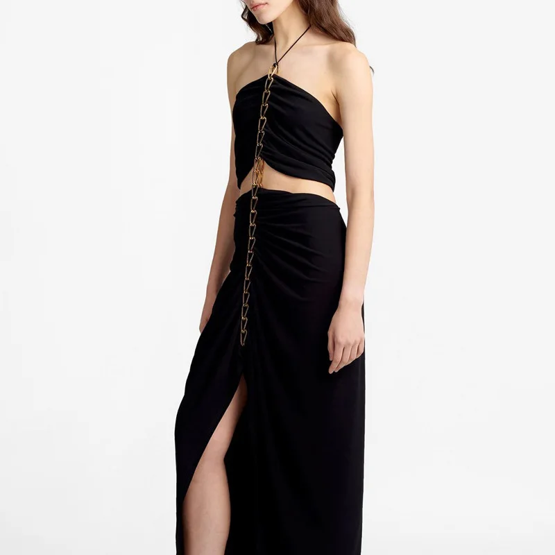 

MSXU 2020 New Fashion Temperament Female Personality Chain Stitching Sexy Open Waist Slit Pleated Women Dress