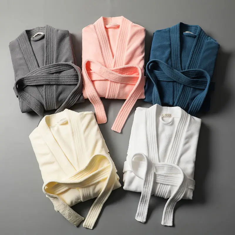 

Brand Men Women Cotton Toweled Bathrobe V-neck With String Kimono Robes Male Mid-Length Spring Autumn Yukata Nightgown