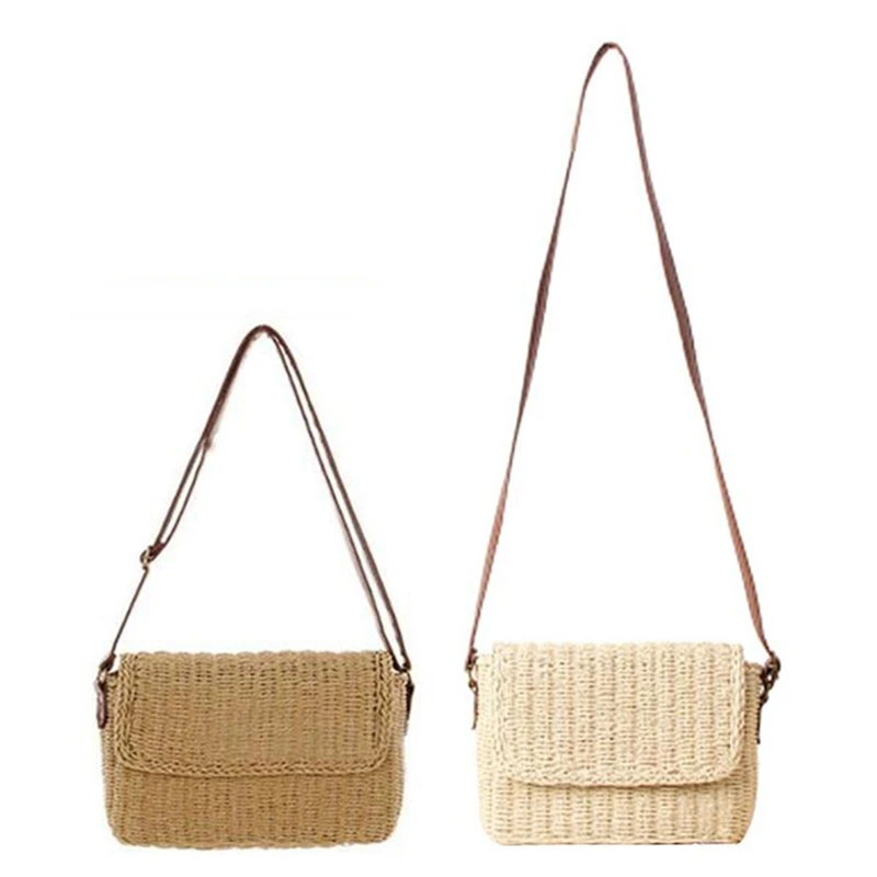 

2pcs Summer Women Shoulder Bag Hand Made Exquisiteness Straw Bags Mini Woven Flap Sweet Pastoral Rattde Girls Bag - Brown & Beig