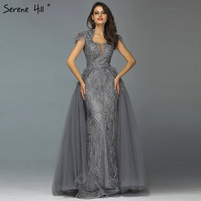 

Dubai Grey Sleeveless Tulle Evening Dresses Design 2019 Crystal Feathers Luxury Evening Gowns Serene Hill LA70020