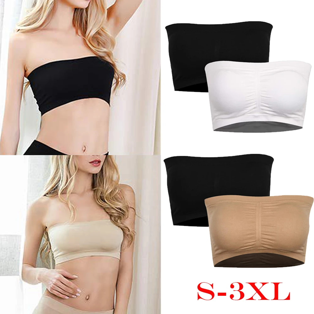 Double Layers Plus Size Strapless Bra Bandeau Tube Removable Padded Top  Stretchy 