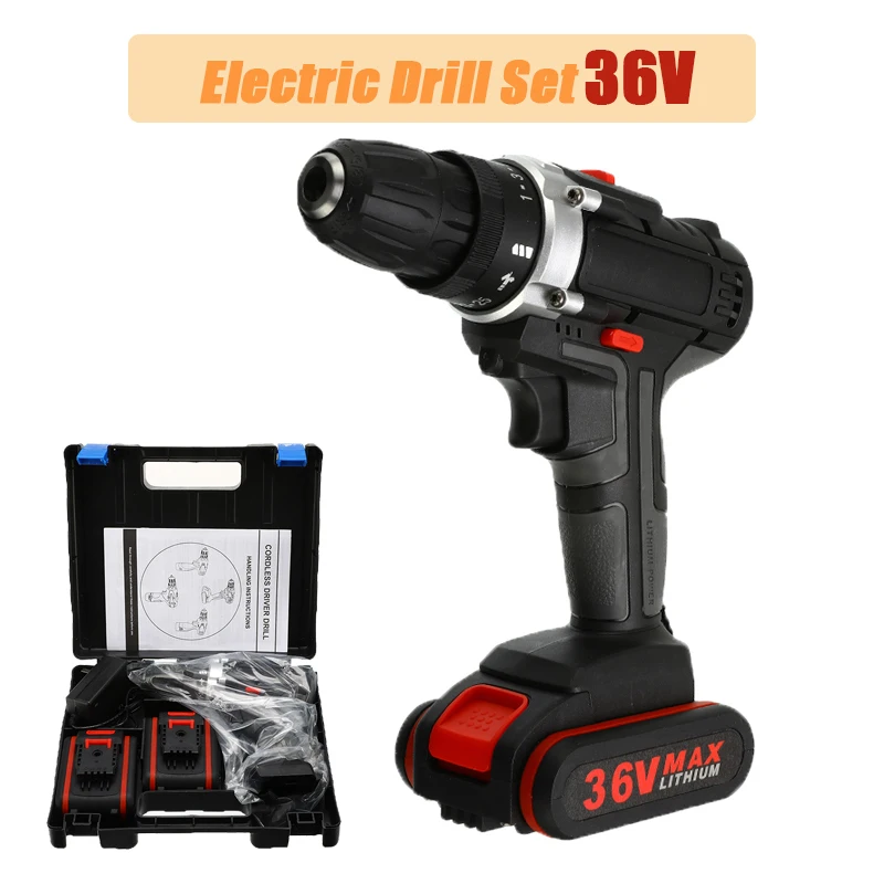 36V Cordless Electric Drill 5000mAh Rechargeable Battery Double Speed LED Screwdriver 25-Speed Torque Adjustment