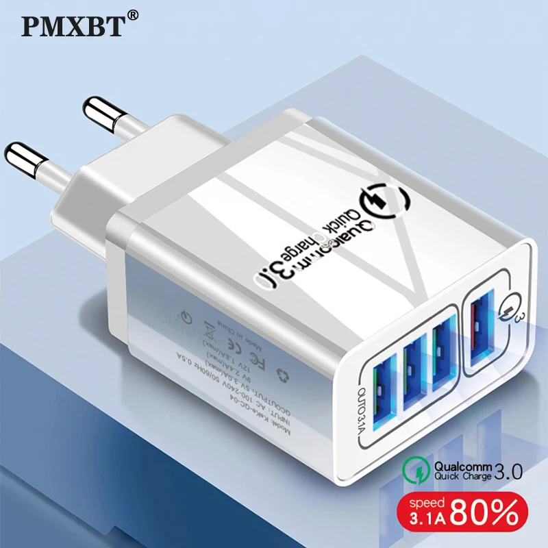 

36W Quick Charger QC3.0 4 Port USB Charger 5V/3A Mobile Phone Charge Adapter Fast Charging For iphone Samsung Tablet EU US Plug
