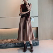 Autumn Two Piece Sets Women Lace-Up Knitted Sweater Vest and Basic Pullover Long Pleated Dress Korean Vintage Boho 2 Pieces Suit Autumn Two Piece Sets Women Lace-Up Knitted Sweater Vest and Basic Pullover Long Pleated Dress Korean Vintage Boho 2 Pieces Suit