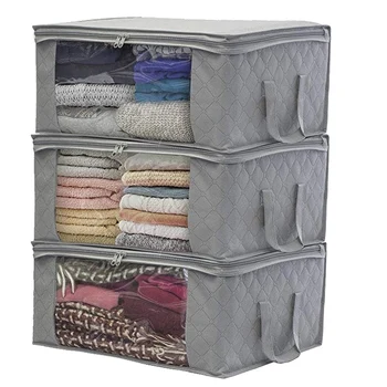 

3Pcs Storage Bag Quilt Clothes Bag Non Woven Fabric Storage Box with Handles Folding Moisture-Proof Sealed Storage Box Clear Org