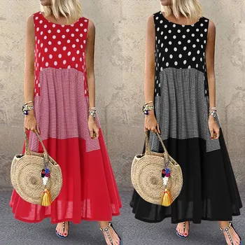 

Women's Printed Sundress 2020 ZANZEA Bohemian Ruffle Maxi Dress Casual Sleeveless Polka Dot Tank Vestidos Female Stiching Robe