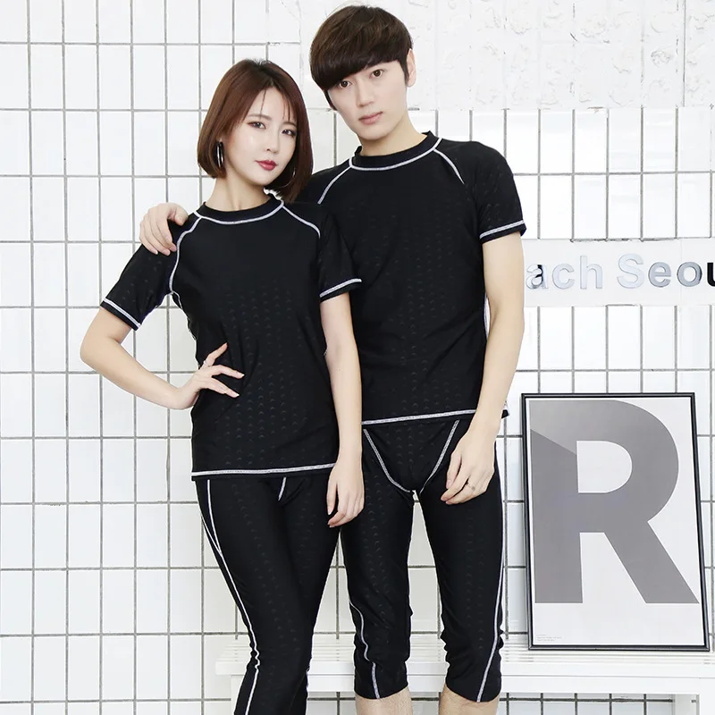 

New Style Couples Casual Sports Athletic Bathing Suit One-piece Half Sleeve Trousers Solid Color Zipper Tour Bathing Suit Beach
