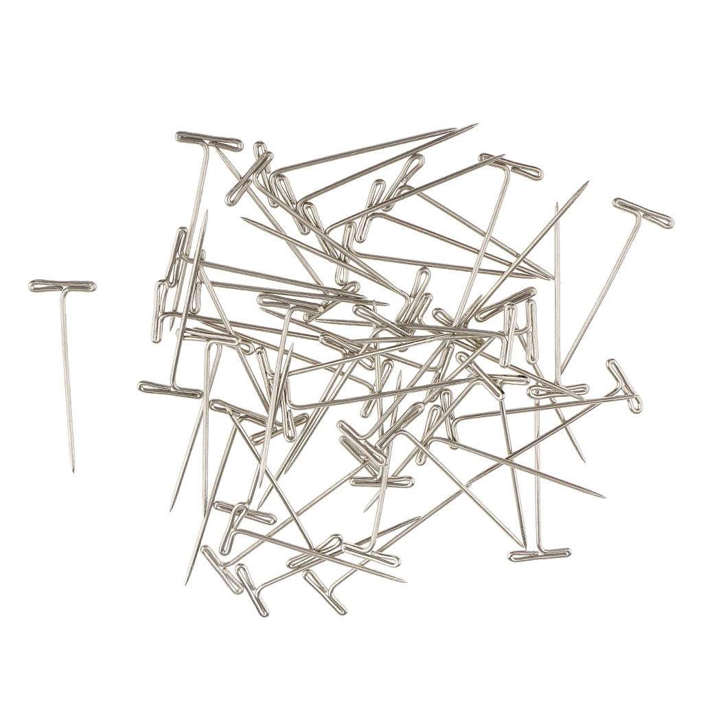 A Box of 50 Pieces T Shape Needles Pins for Wigs Hair Weaving Tools Sewing Crafts 38mm silver color