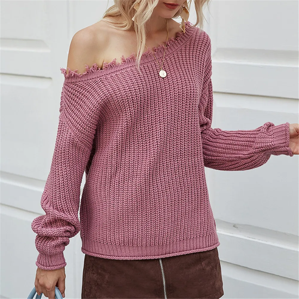 

Sexy Strapless Loose Pullover Full Sleeve Sweater Slash Neck Solid Color Knitted Sweaters Round Neck Long Sleeve Tops Sweater