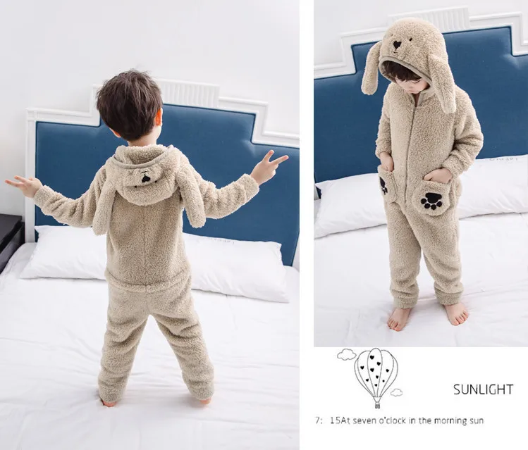 Children Double Fleece Animal Onesies Kids Sleepwear Winter Boys Hooded Flannel Thick Warm Jumpsuit Long Sleeve Children Pajamas