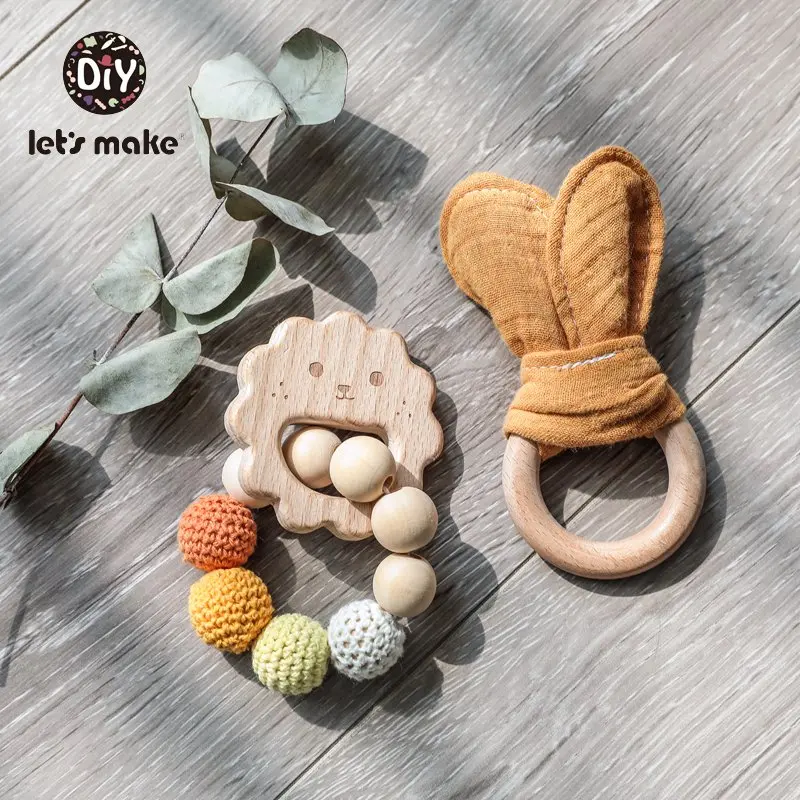 Детское Зубное кольцо от компании Let's Make; зубное кольцо из Вязаные бусы из бука Медсестра подарок» и кроличьими ушками, пальто браслет кольца древесины против грызунов нового дизайна без латекса 2 шт./компл. деревянные заготовки