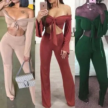 

Women Casual Long Sleeve Bandage Off Shoulder Crop Top Solid Color Long Pants Trousers Set Two Piece Outfit Playsuit